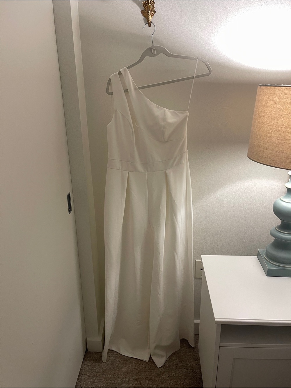 River Island One-Shoulder White Palazzo Jumpsuit with One-Shoulder Cape